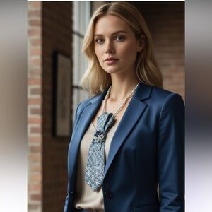 “Dainty Dapper” Blue Geometric Patterned Tie necklace with floral brooch